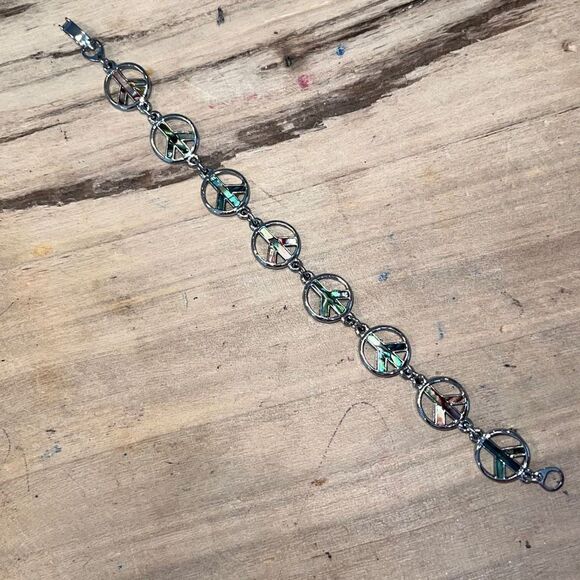 Peace Sign With Shell Inlay Set In Silver Tone Tennis Bracelet - Picture 1 of 7